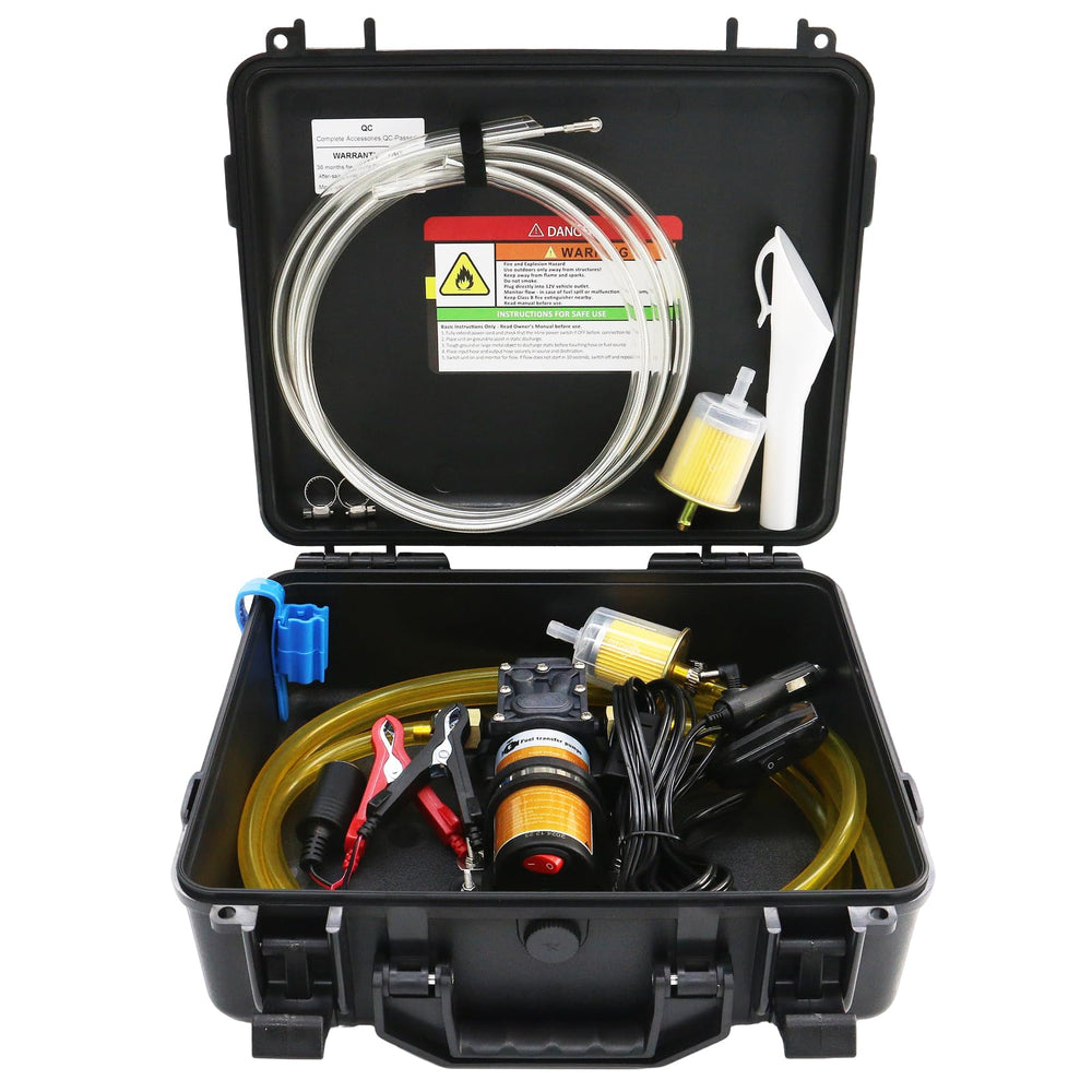 Steauty 12V fuel transfer pump in a compact case for easy portability.