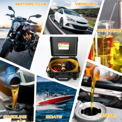 Steauty pump beside fuel cans for versatile gasoline and diesel transfers