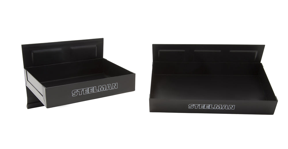 Steelman 10-inch non-marring magnetic tray with magnets anchoring fasteners.