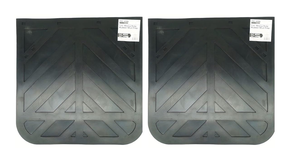Steel Vision black mud flap with chevron pattern protects semi trucks on highways.