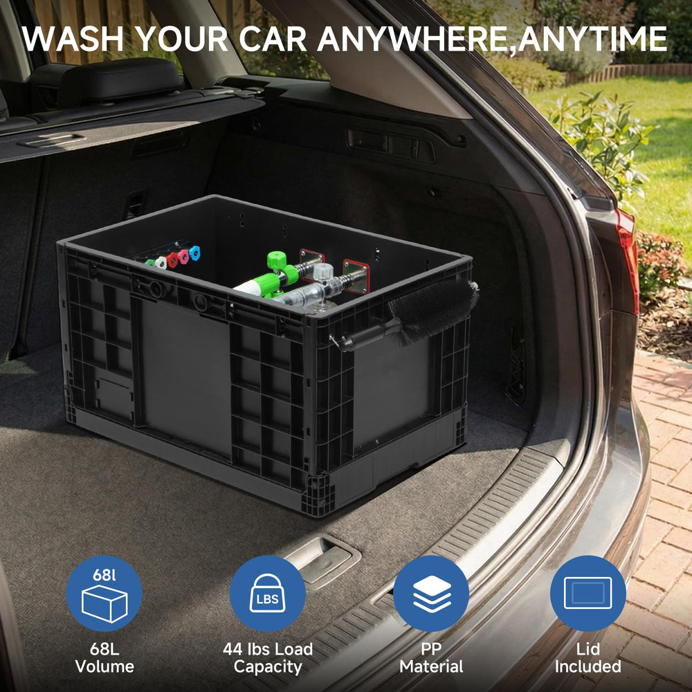 STEHEMO foam cannon, towels, and brushes neatly organized within the box.
