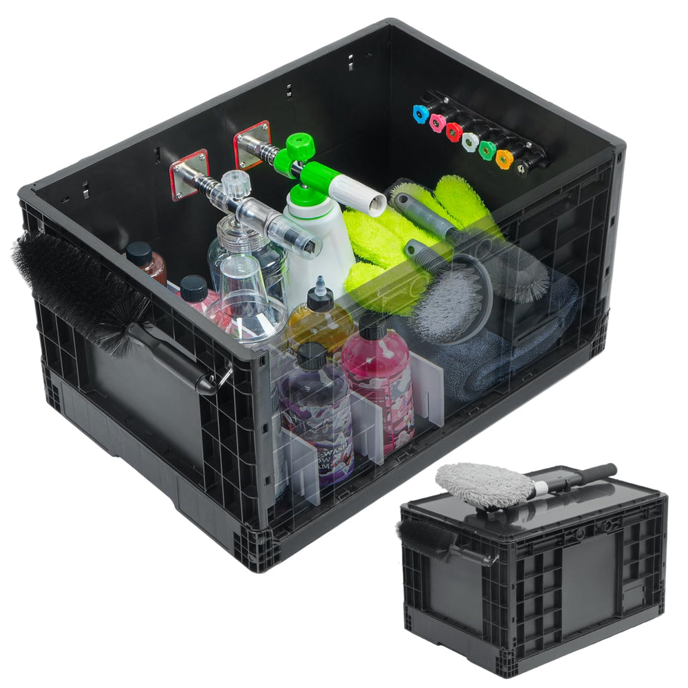 STEHEMO foldable wash organizer box open, keeping bottles and towels neatly organized.