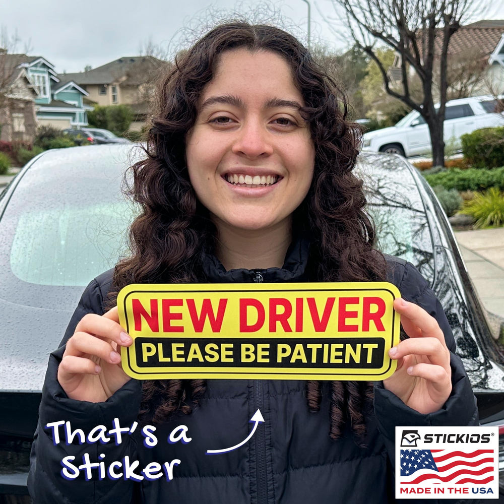 Stickios stickers on bumper highlight weatherproof, durable vinyl for outdoor use.