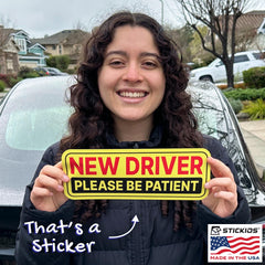 Stickios stickers on bumper highlight weatherproof, durable vinyl for outdoor use.
