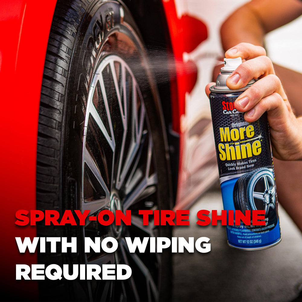 Aerosol spray provides quick, mess-free tire dressing for easy use.