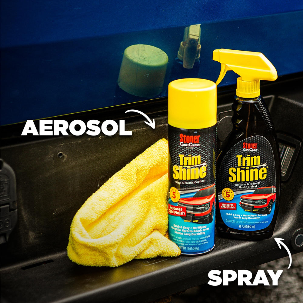 Stoner Trim Shine close-up on dark, refreshed trim with quick dry time