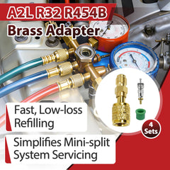 StreytoTek A2L R32 R454B adapter side view highlighting durable brass construction.