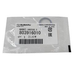 Subaru crush washer close-up, 803916010, highlighting seal integrity during oil changes.