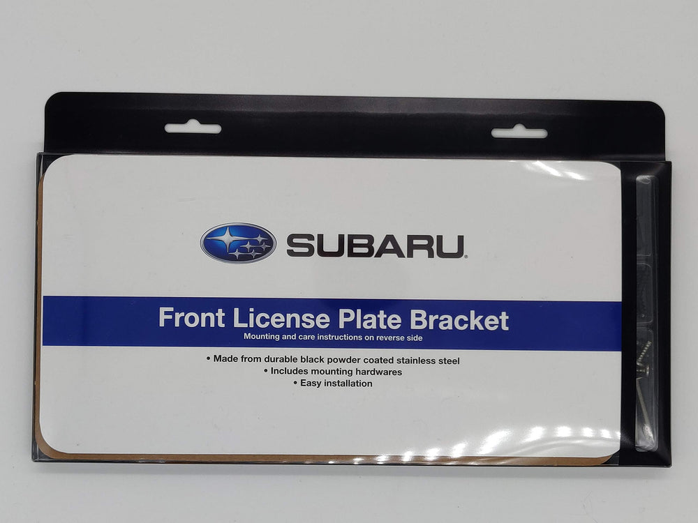 Subaru front license plate bracket with attachment kit for stable mounting.