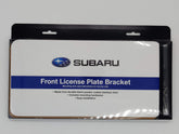 Subaru front license plate bracket with attachment kit for stable mounting.