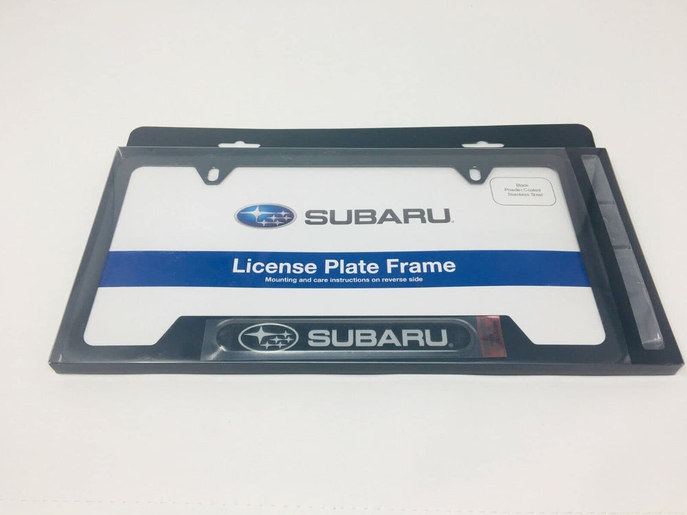 Subaru logo license frame with attachment kit included for easy front or rear installation.