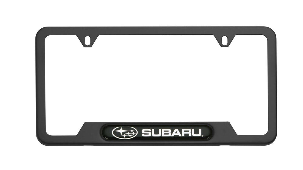 Subaru logo license frame in matte black finish on the front view, showcasing a sleek, durable look.