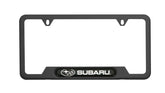 Subaru logo license frame in matte black finish on the front view, showcasing a sleek, durable look.