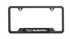Subaru logo license frame in matte black finish on the front view, showcasing a sleek, durable look.