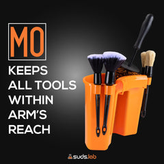 Suds Lab brush holder and glove compartment keeps essentials organized