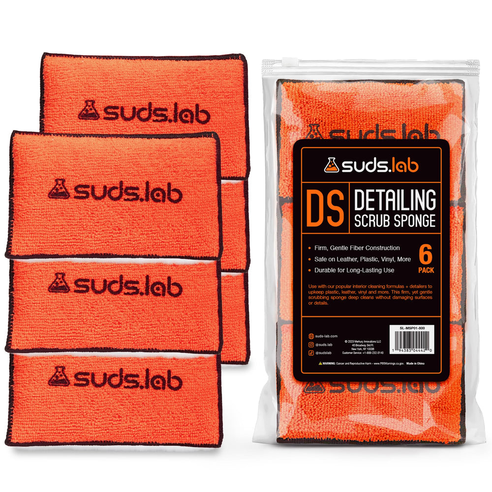 Suds Lab DS detailing scrub sponge absorbs moisture and cleans efficiently.