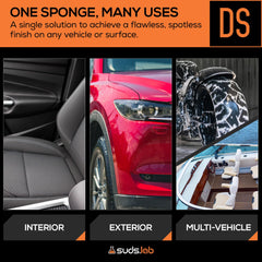Suds Lab DS detailing scrub sponge dual-texture pad for polishing and scrubbing.