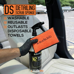 Suds Lab DS detailing scrub sponge is washable and reusable for less waste.
