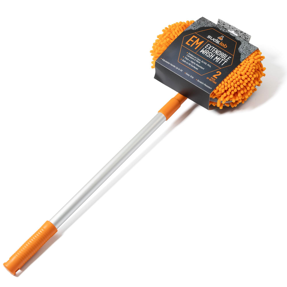 Suds Lab extendable microfiber brush reaching tall shelves for dusting
