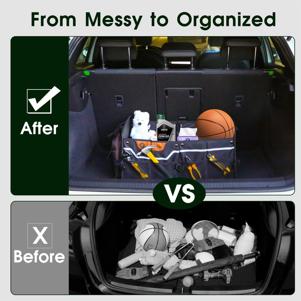 SugarFox trunk organizer highlights 360° reflective strips for nighttime visibility.