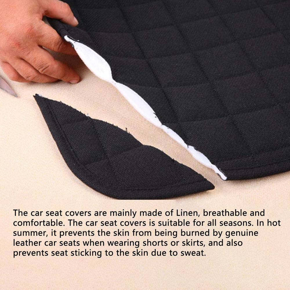 Suninbox linen front-seat-cover stitching detail showing quality craftsmanship.