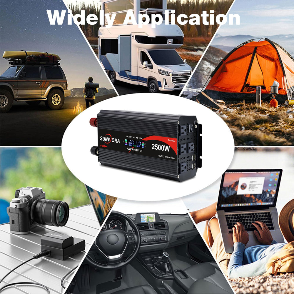 Sunivora 2500W inverter in-car setup powering travel appliances.