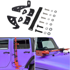 Sunluway Hi Lift Jack Mount installed on hood hinge showing secure jack placement.