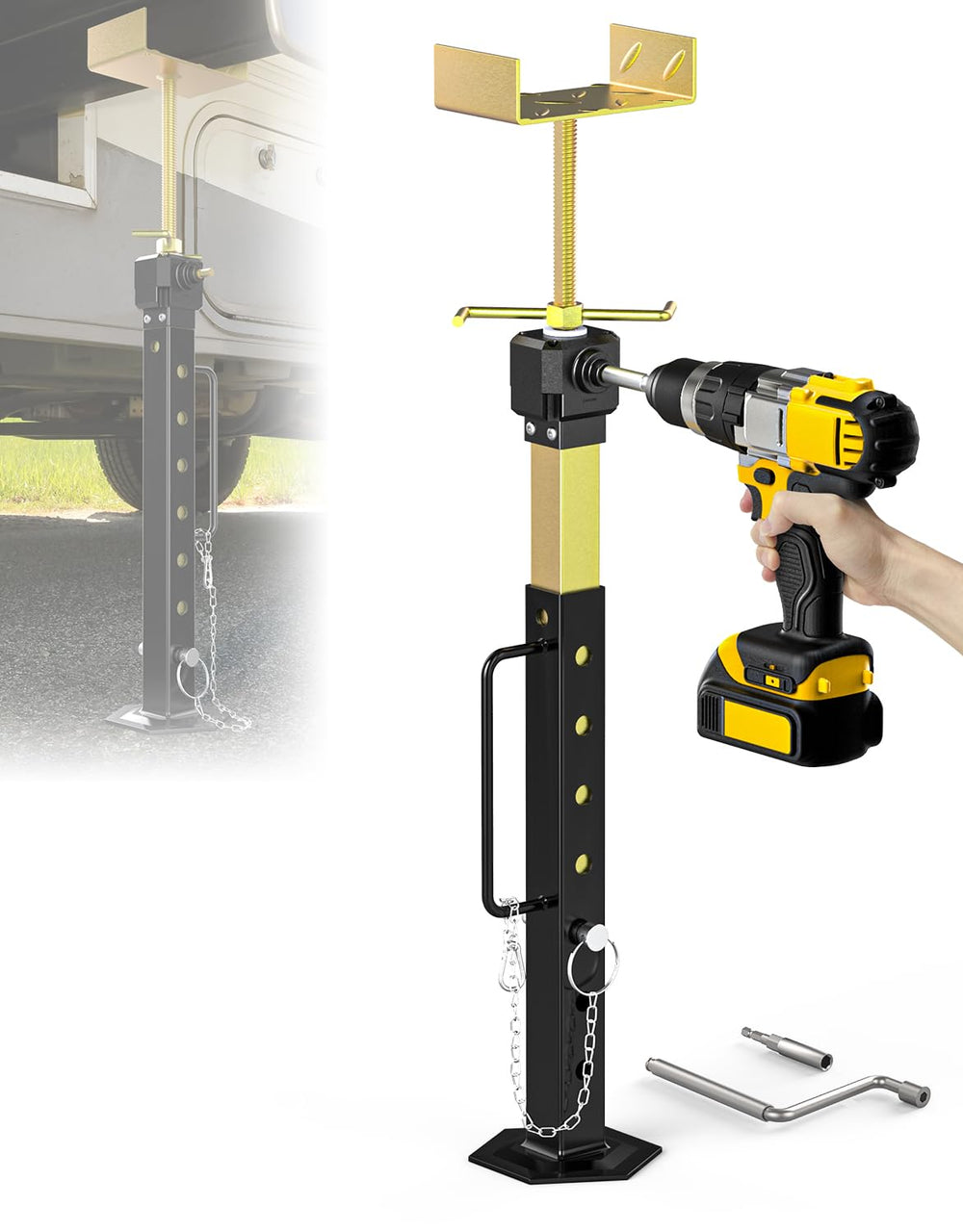 SUNSHINE FARMRE stabilizer jack setup for RV slides shows 16 to 36 inch range and secure contact with frame