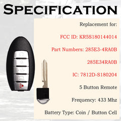 SUPALAND remote fob Infiniti Q60 2017-2018 with 5 buttons, electronics included and ready for programming.