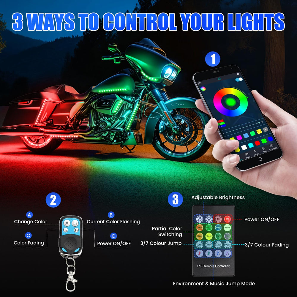 SUPAREE RGB neon underglow lights illuminate bike with vibrant color modes at night