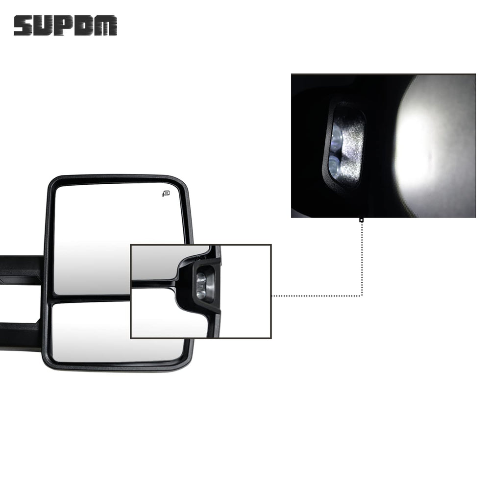 SUPDM towing mirror heated function clears frost for easier nighttime visibility.