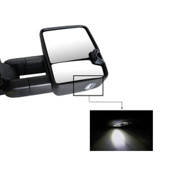 Puddle light on SUPDM towing mirror illuminates ground near the trailer.
