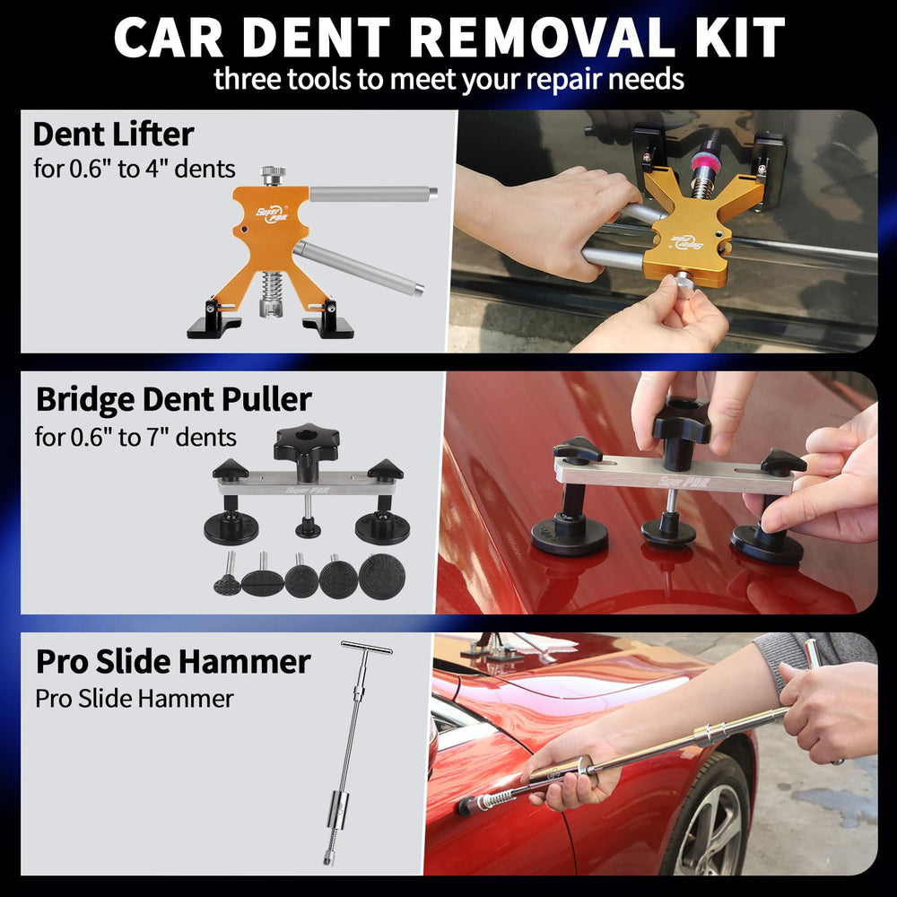 Super PDR dent puller bridge demonstrates safe dent removal with paint protection