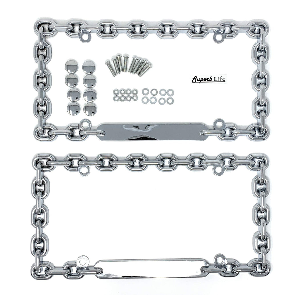 Superb lnf universal chrome mega-metal round chain-link license frame front view, adds rugged chrome protection.