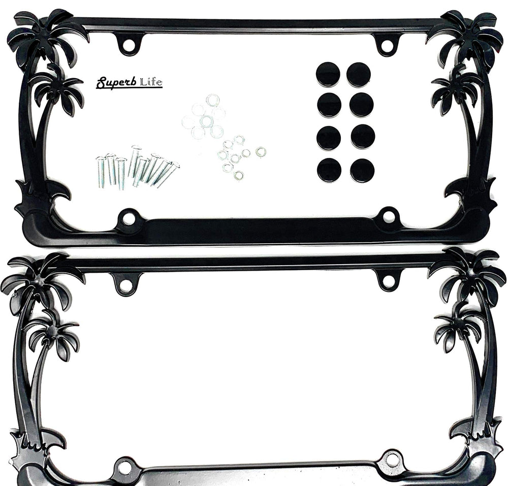 Superb LNF tropical palm tree license frame in chrome enhances front and rear vehicle styling