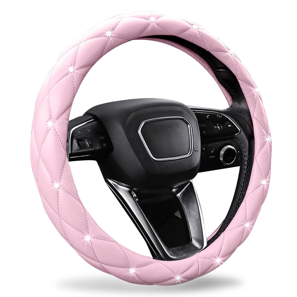 SuperKaKa pink steering wheel cover with crystal bling enhances interior luxury and grip.