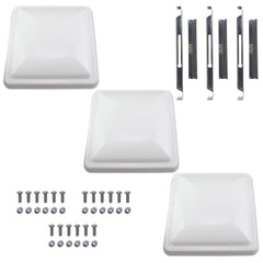 Supermotorparts vent cover on RV 14x14, front view protecting against rain.