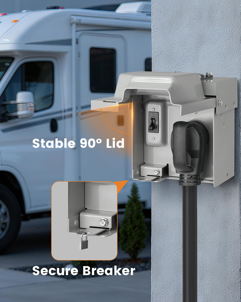 SURAIELEC heavy-duty RV power box offers ample cord clearance