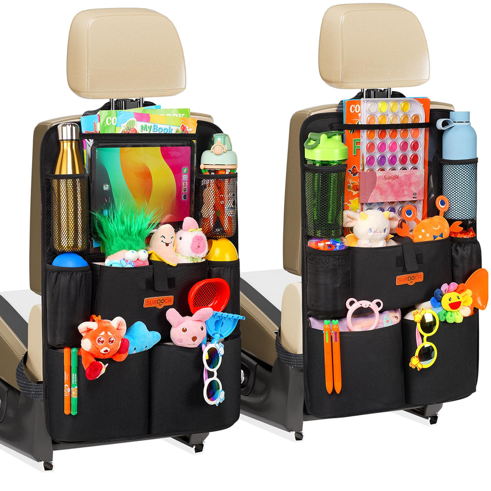 SURDOCA car seat organizer with 8 pockets keeps backseat essentials organized.