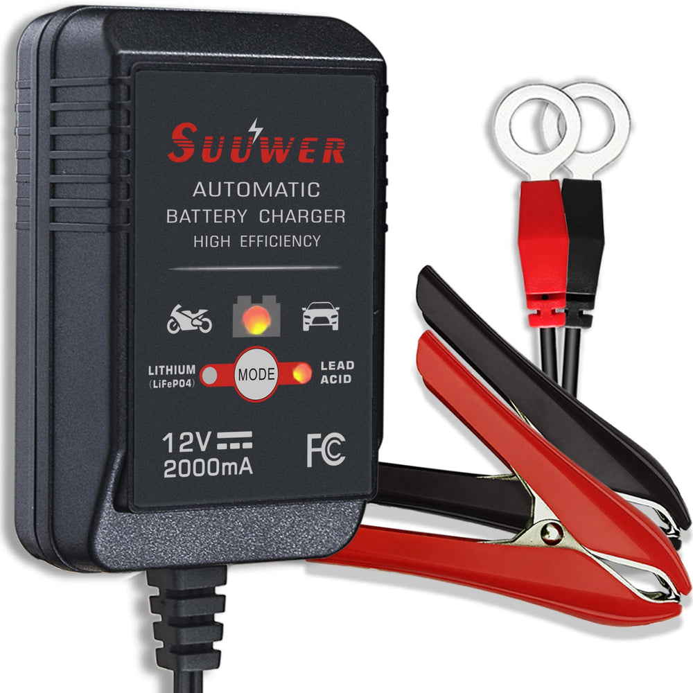 Suuwer battery charger with LED indicators showing charge status for safe maintenance.