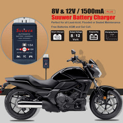 Suuwer 8V/12V charger showing four-step charging cycle