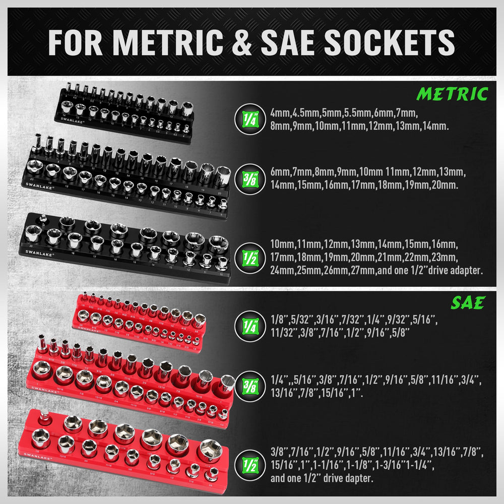 Swanlake SAE magnetic socket organizer tray closeup shows red trays for fast identification.