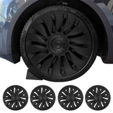 Sweetglow Tesla Model Y wheel covers matte black 19 inch with precise fit for curb rash protection.