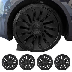 Sweetglow Tesla Model Y wheel covers matte black 19 inch with precise fit for curb rash protection.