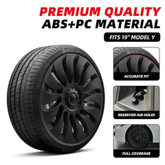 Sweetglow wheel covers installed on a Model Y front wheel for reference.