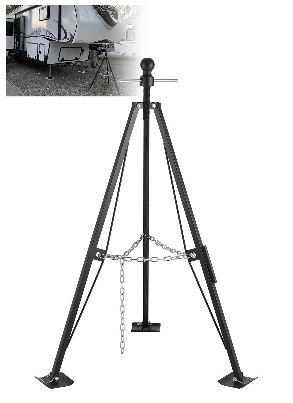 Swellisher fifth-wheel stabilizer gooseneck base provides steady support for parked RVs.