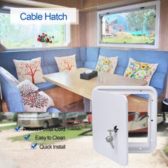 Swess easy-installation RV cord hatch for camper setups.