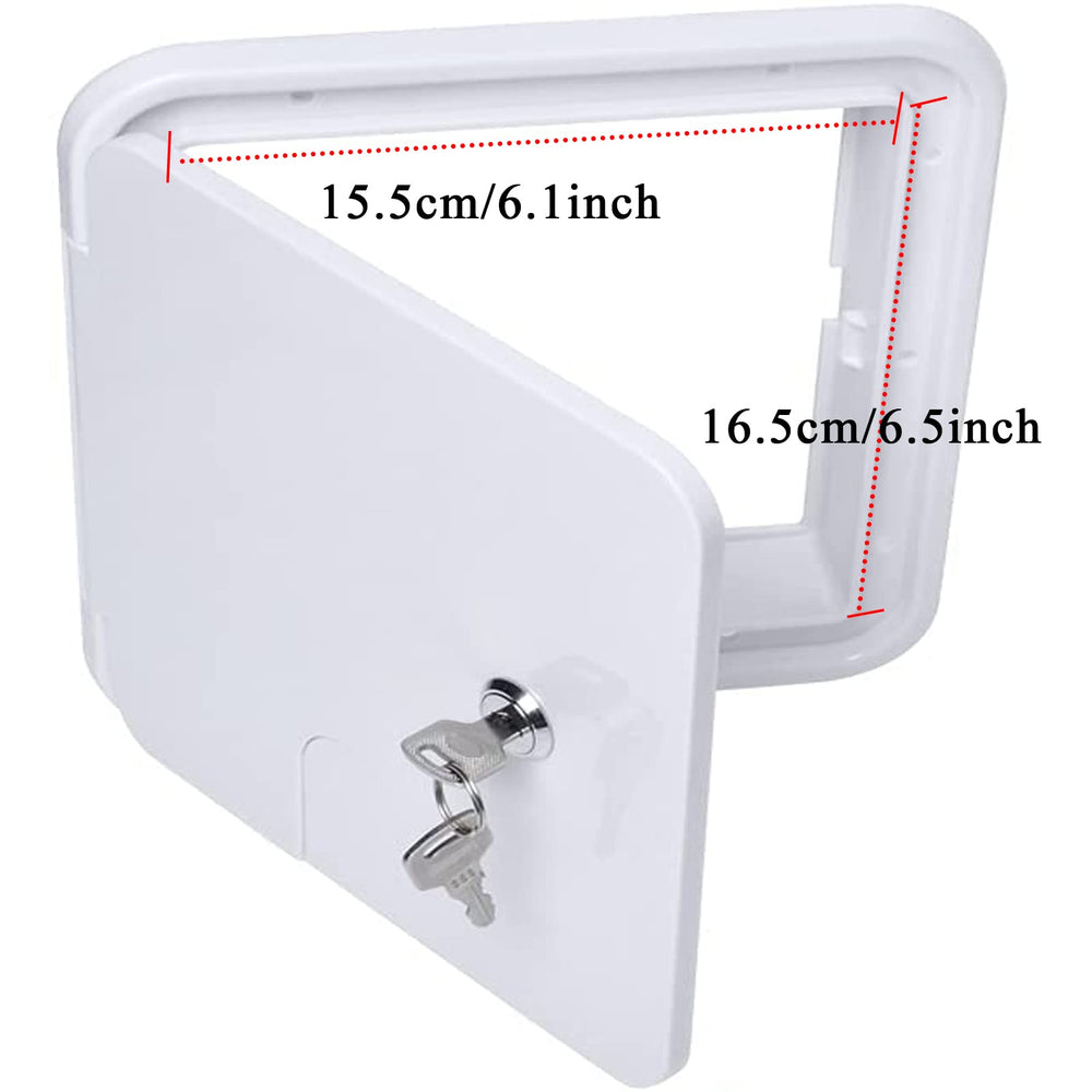 Swess RV cord hatch includes two keys for secure access.