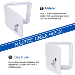 Swess weather-resistant white plastic camper hatch withstands outdoor use.
