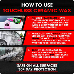 Swift Touchless Ceramic Foam Wax safe on multiple vehicle surfaces including paint and plastic